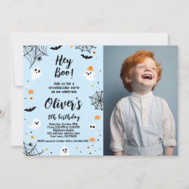 Hey Boo, invitación de Halloween azul con foto Einladung