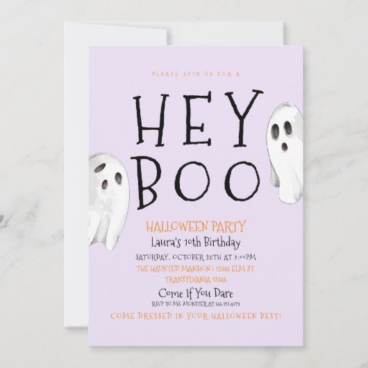 Hey Boo, Lila Ghost Halloween Einladung (Vorderseite)