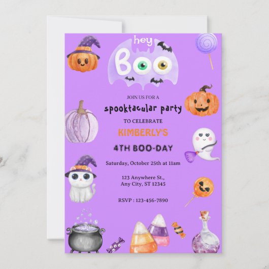 Hey Boo! Lila Halloween-Ghost-Kindergeburtstag Einladung (Vorderseite)