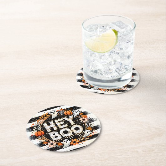 Hey Boo Niedlich Ghost Themed Halloween-Party Bevo Runder Pappuntersetzer (Vor Ort)