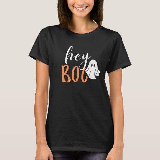 Hey Boo Orange Black Funny Halloween Ghost T-Shirt (Vorderseite)
