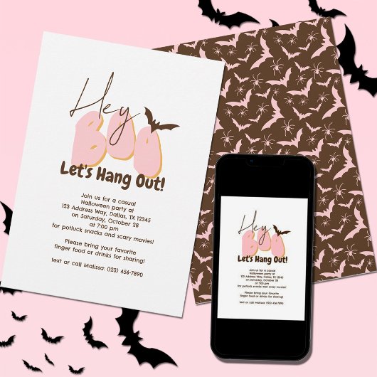 Hey Boo Pink Bats Spiders Casual Halloween Party Einladung