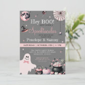Hey Boo Pink Gray Girly Halloween Party Einladung (Stehend Vorderseite)