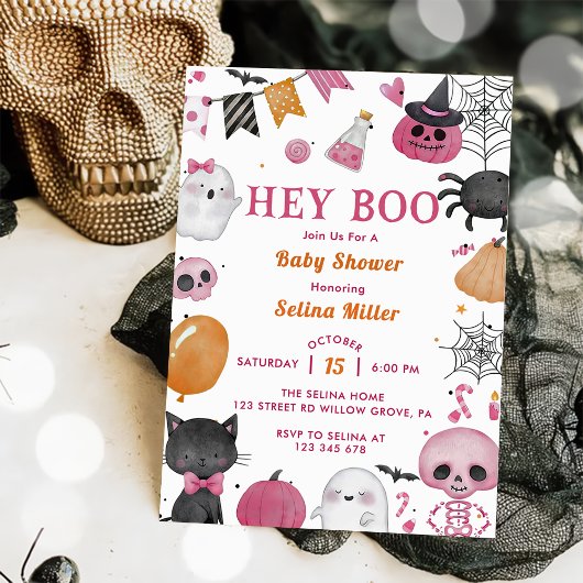 Hey Boo! Pink Halloween Baby Dusche Einladung