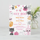 Hey Boo! Pink Halloween Baby Dusche Einladung (Stehend Vorderseite)