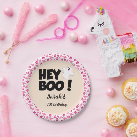 Hey Boo Pink Halloween Ghost Birthday party Pappteller (Party)