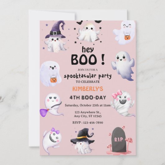 Hey Boo! Pink Lilac Halloween Ghost Girl Geburtsta Einladung (Vorderseite)