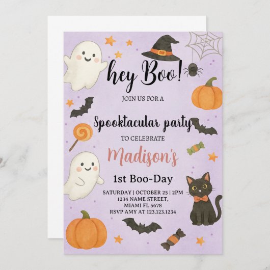 Hey Boo Spooktacular 1. Geburtstag Einladung (Vorne/Hinten)