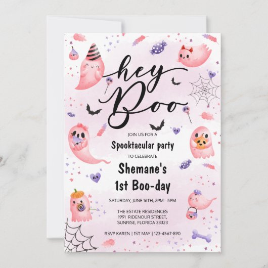 Hey Boo Spooktacular Pink Ghost Halloween Geburtst Einladung (Vorderseite)