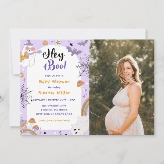 Hey Boo! Spooky Halloween Ghost Baby Shower Foto Einladung (Vorderseite)
