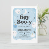 Hey Boo-y Blue Boy Ghost Baby Shower Einladung (Stehend Vorderseite)