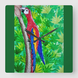 Hey, da ist ein Scarlet-Ara in diesem Baum! Quadratische Wanduhr