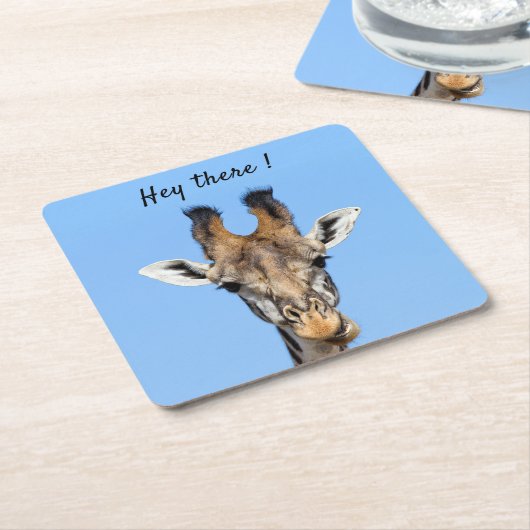 Hey, es lustiges Giraffe-Foto mit Text Rechteckiger Pappuntersetzer (angewinkelt)
