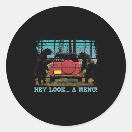 Hey Schau dir ein Menü Funny Bear Camping Retro Vi Runder Aufkleber (Vorderseite)