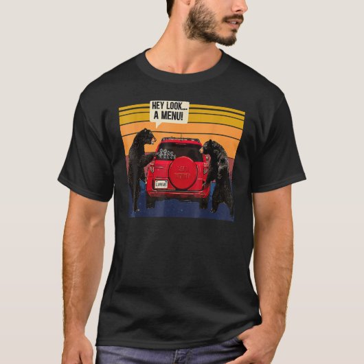 Hey, schau dir einen Menu-Camping-Camper an, Retro T-Shirt (Vorderseite)
