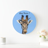 Hey there funny Giraffe photo with text Große Wanduhr (Zuhause)