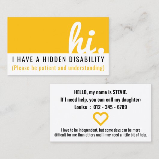 hi Ich habe eine versteckte Sensibilisierungskarte Visitenkarte (Vorne/Hinten)