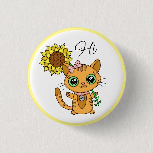 Hi und Hugs | Niedliche Katze mit Sonnenblume Button (Vorderseite)
