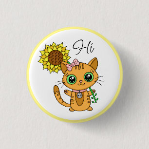 Hi und Hugs   Niedliche Katze mit Sonnenblume Button