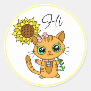 Hi und Hugs Niedliche Katze mit Sonnenblume Runder Aufkleber