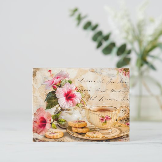Hibiscus Blossoms with Fantasy Script and Tea Cup Postkarte (Stehend Vorderseite)