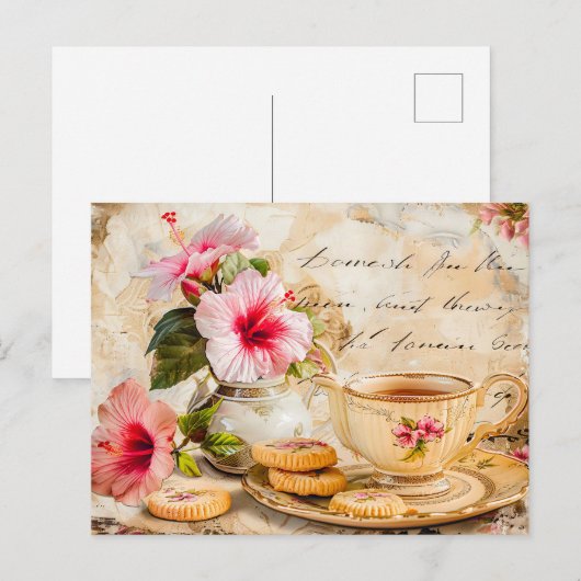 Hibiscus Blossoms with Fantasy Script and Tea Cup Postkarte (Vorne/Hinten)