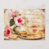 Hibiscus Blossoms with Fantasy Script and Tea Cup Postkarte (Vorderseite)