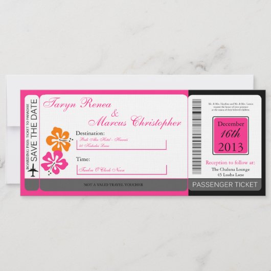 Hibiscus Boarding Pass Linen Wedding Invitation Einladung (Vorderseite)