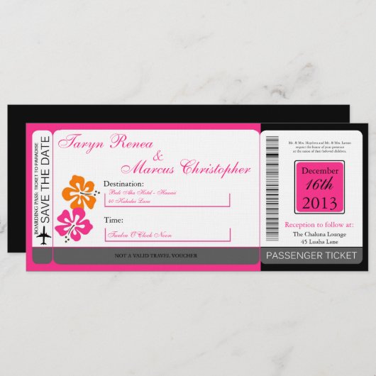 Hibiscus Boarding Pass Linen Wedding Invitation Einladung (Vorne/Hinten)