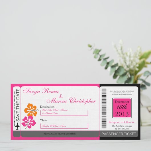 Hibiscus Boarding Pass Linen Wedding Invitation Einladung (Stehend Vorderseite)