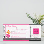 Hibiscus Boarding Pass Linen Wedding Invitation Einladung (Stehend Vorderseite)