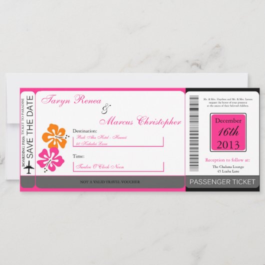 Hibiscus Boarding Pass Linen Wedding Invitation Einladung (Vorderseite)