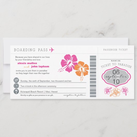 Hibiscus Flowers Boarding Pass Wedding Invitation Einladung (Vorderseite)
