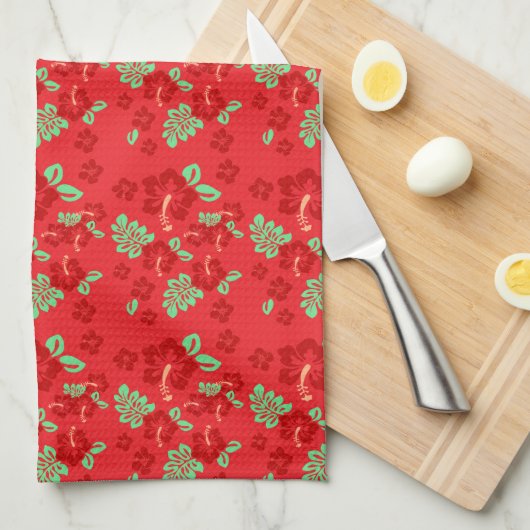 Hibiscus Flowers Red Tropical Pattern Geschirrtuch (Viertel Falte)