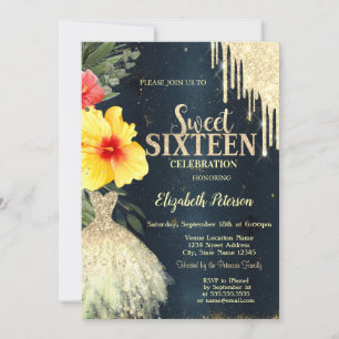 Hibiscus Gold Tropfen,Kleid Dunkelblau Sweet 16 Einladung