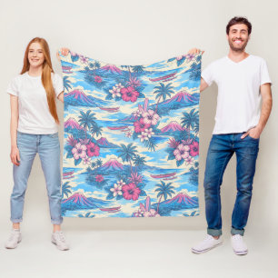 Hibiscus Island Hawaiian Scenic - Rosa und Blau Fleecedecke
