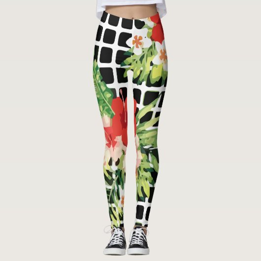 Hibiscus Palm Leaves Tropical Pattern Leggings (Vorderseite)