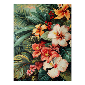 Hibisken Blume Palm Fronds Tropical Decoupage Poster