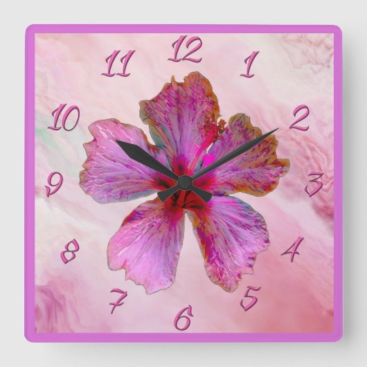 Hibisken Design Blumenuhr in Pinks Quadratische Wanduhr (Vorderseite)