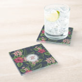 Hibisken-Muster Monogramm-Untersetzer Glasuntersetzer (Schrägansicht)