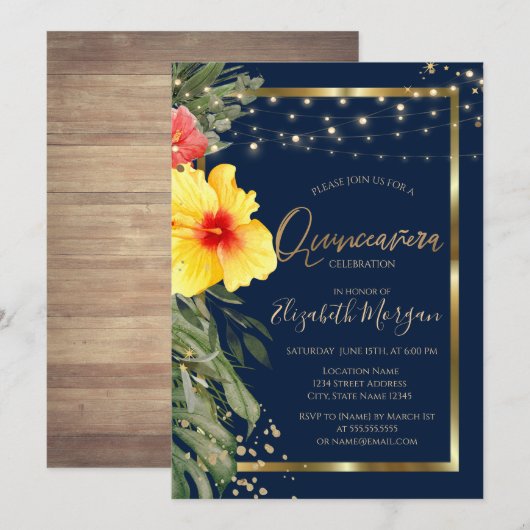 Hibiskus aus Palmblättern, Leuchten, Holz, Rahmen  Einladung (Vorne/Hinten)