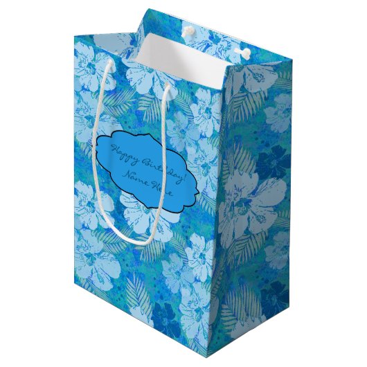 Hibiskus-Blau-Batik Mittlere Geschenktüte (Vorderseite Schrägansicht)