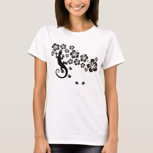 Hibiskus blüht schwarz mit Gecko T-Shirt (Vorderseite)