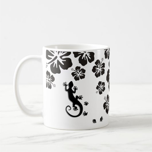 Hibiskus blüht schwarz mit Geckos Kaffeetasse (Links)