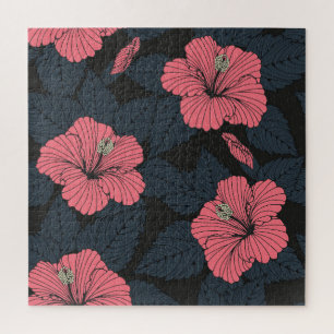 Hibiskus Blume: dunkle, nahtlose Tapete. Puzzle