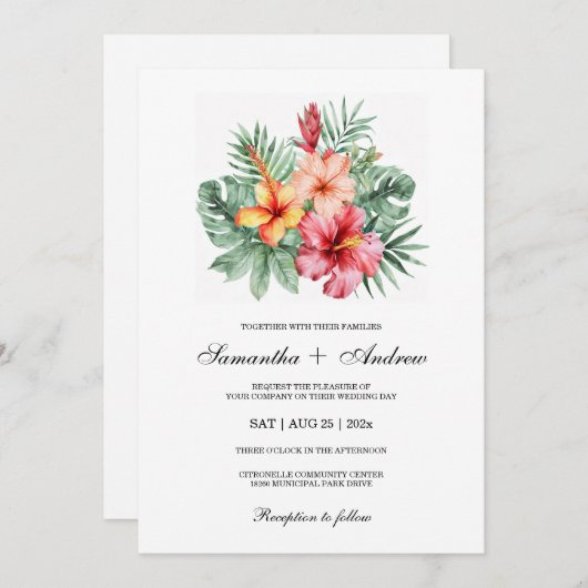 Hibiskus Blume Hochzeitsszenario Einladung (Vorne/Hinten)