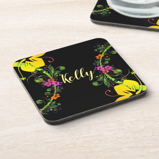 Hibiskus Blume tropisch blorgelb rosa schwarz Getränkeuntersetzer (Linke Seite)