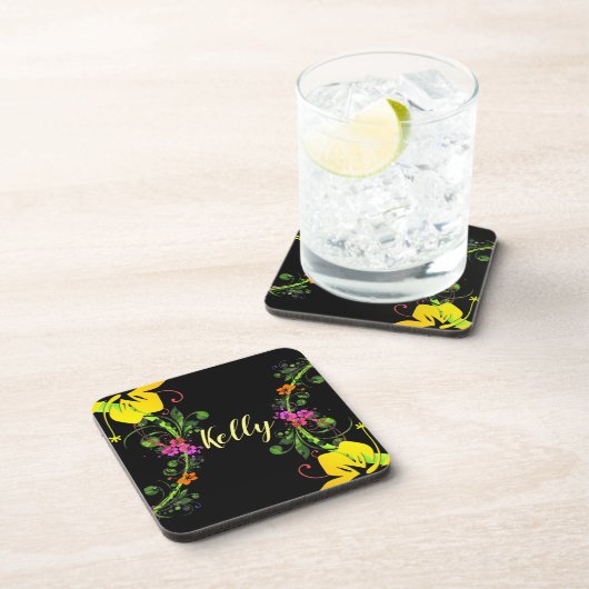 Hibiskus Blume tropisch blorgelb rosa schwarz Getränkeuntersetzer (Rechte Seite)