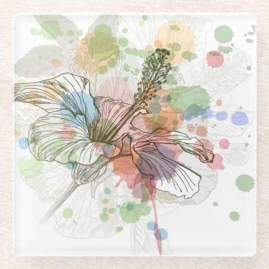 Hibiskus-Blume u. Watercolorhintergrund Glasuntersetzer (Vorderseite)