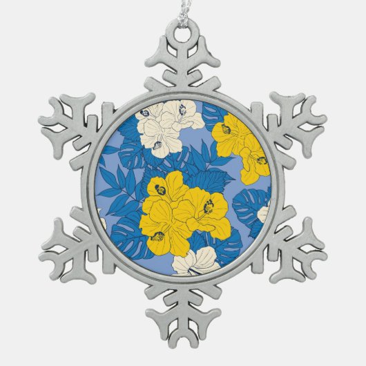 Hibiskus Blume und Blätter Schneeflocken Zinn-Ornament (Vorderseite)